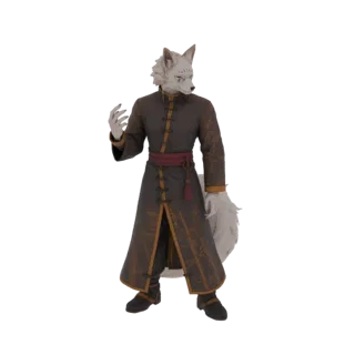 Modelo 3D de un monje lobo blanco antropomórfico con túnica oscura, patrones dorados y fajín rojo, en pose contemplativa.