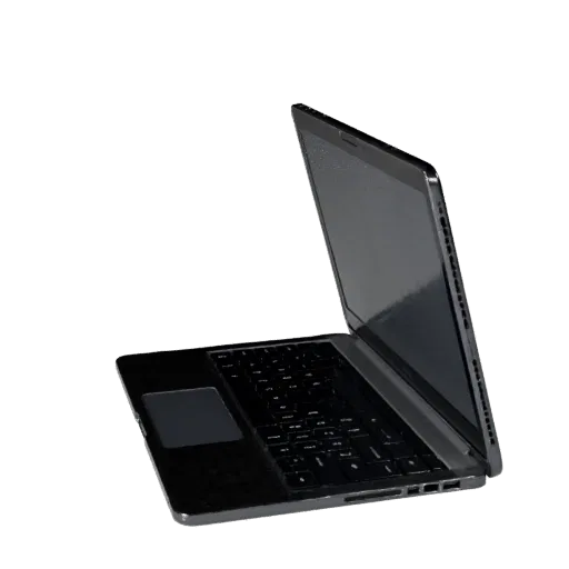 Business Tablet Computer 3D model, three-quarter front view, Unity viewport, showing brushed metal, open lid angle.