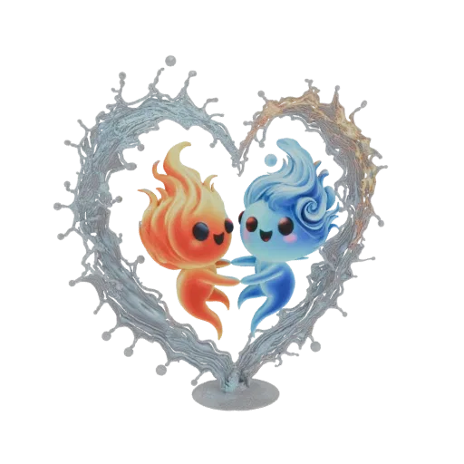 Modèle 3D d'un mignon élémentaire de feu et d'un mignon élémentaire d'eau se tenant la main et s'embrassant dans un cœur d'éc