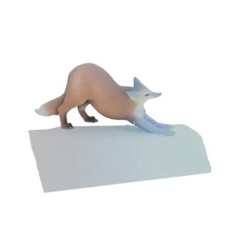 Uma renderização 3D de uma raposa marrom clara se espreguiçando em uma superfície branca nevada, com as patas dianteiras este