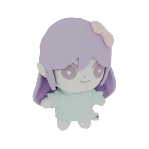 3D model of a kawaii plush toy with purple hair, large pink eyes, wearing a light blue t-shirt, and a pink bow on its head.