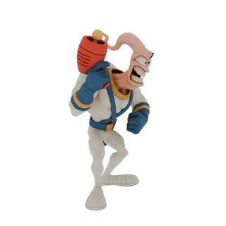 3D model of Earthworm Jim, a cartoon worm character in a white suit, holding a red ray gun and grinning.