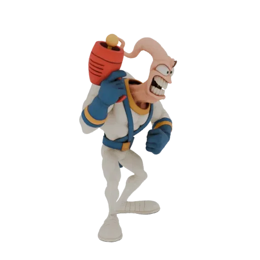 3D model of Earthworm Jim, a cartoon worm character in a white suit, holding a red ray gun and grinning.