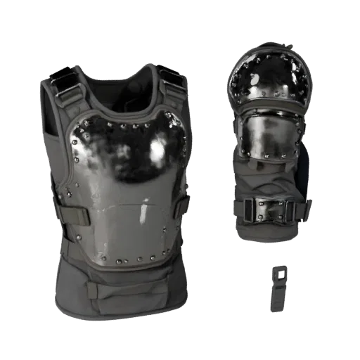 Tactical Arm Guard Realistic 3D model, three-quarter studio render, showing metal plates, form detail.