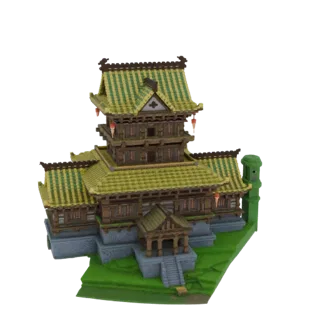 3D model of a Japanese pagoda-style building with a green tiled roof, wooden structure, and red lanterns, set on a green gras