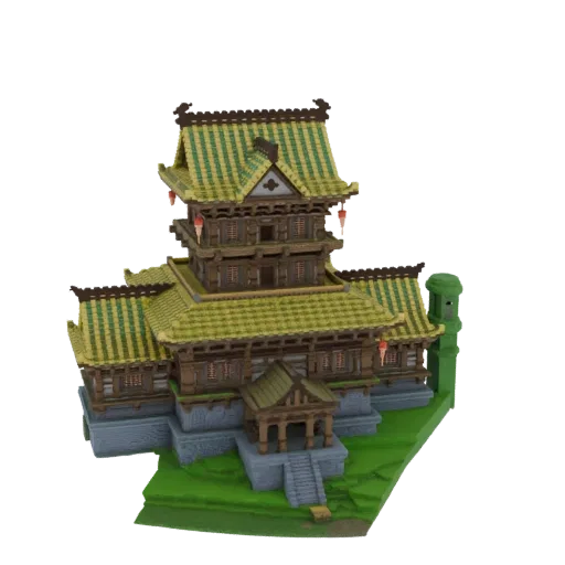 Modèle 3D d'un bâtiment style pagode japonaise avec un toit en tuiles vertes, une structure en bois et des lanternes rouges,