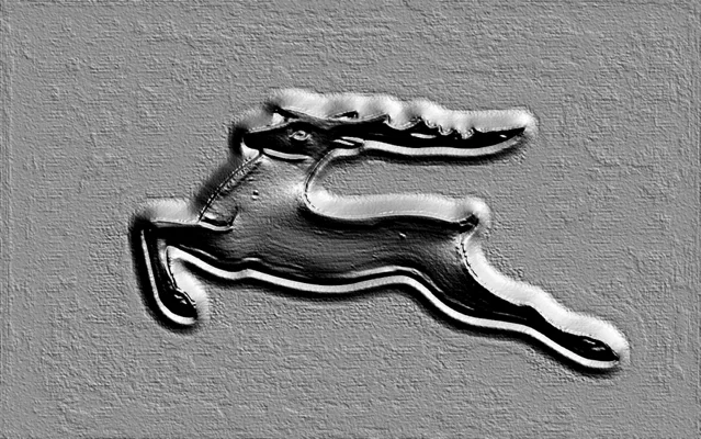 3D model of a deer bas-relief with sharp lines and expressive hatching, depicting the animal in mid-leap.