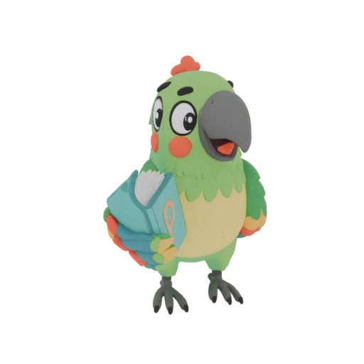 A 3D render of a cute, green cartoon parrot with orange cheeks, holding a light blue book in its wings, against a white backg