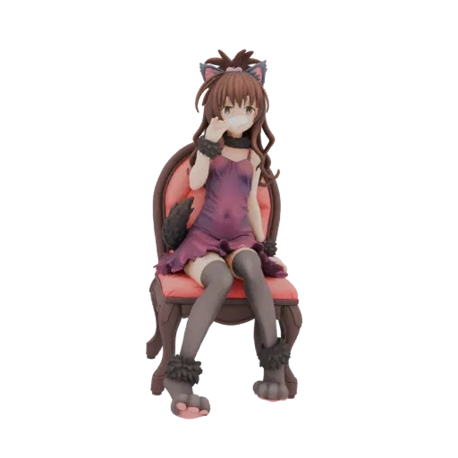 3D model of a Neko girl with cat ears and tail, wearing a purple dress, sitting on a red chair.