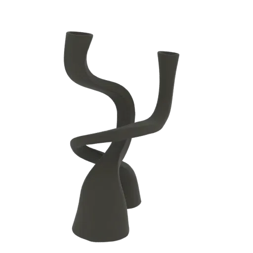 A 3D render of a dark gray, abstract candlestick holder with a twisted, sculptural design.