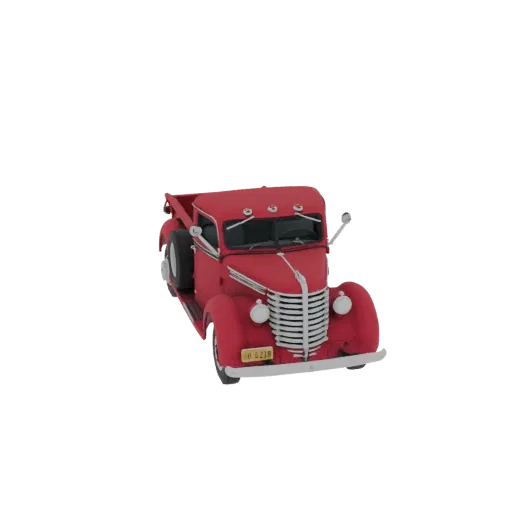 A 3D model of a vintage red pickup truck with chrome accents, shown from a three-quarter front view against a white backgroun