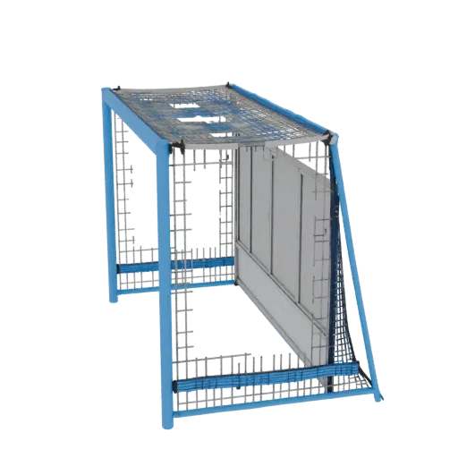 3D model of a sports net with a blue metal frame and mesh netting, designed for school gyms.