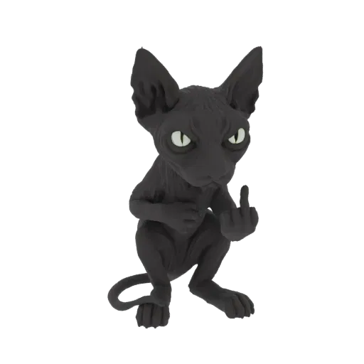 Modelo 3D de un gato Sphynx negro sentado y haciendo el gesto de 'maligno', con ojos verdes brillantes.