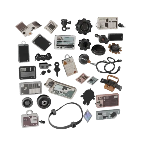 Urban Street Clutter Stylized 3D model, stylized isometric render, showing paper-like cards, small readable forms.