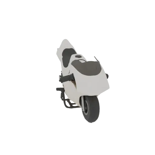 A 3D render of a white and black mini scooter with black handlebars and seat, set against a black background.