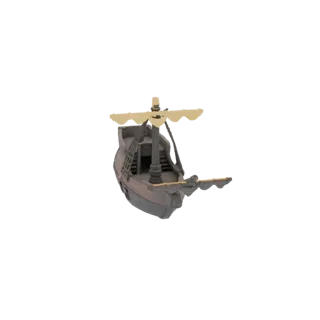 3D-Modell einer Mini-Galeone mit dunklem Rumpf und zwei hellbraunen Segeln, aus einem leicht erhöhten Winkel betrachtet.