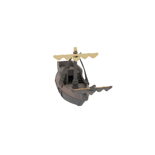3D-Modell einer Mini-Galeone mit dunklem Rumpf und zwei hellbraunen Segeln, aus einem leicht erhöhten Winkel betrachtet.