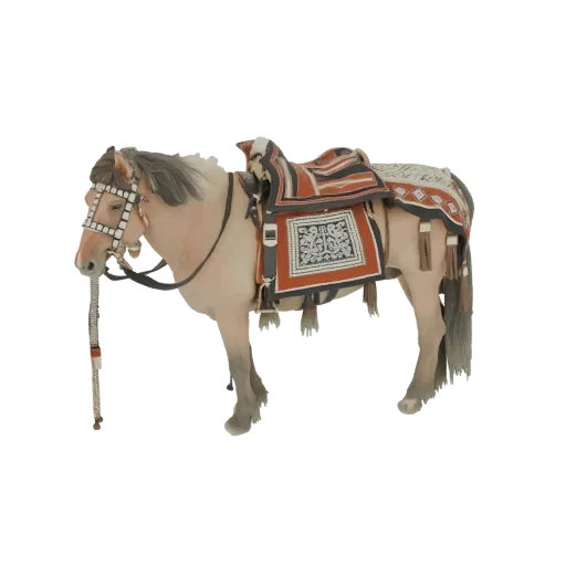 3D model of a light-colored horse wearing an ornate saddle with intricate patterns and tassels, and a detailed bridle.