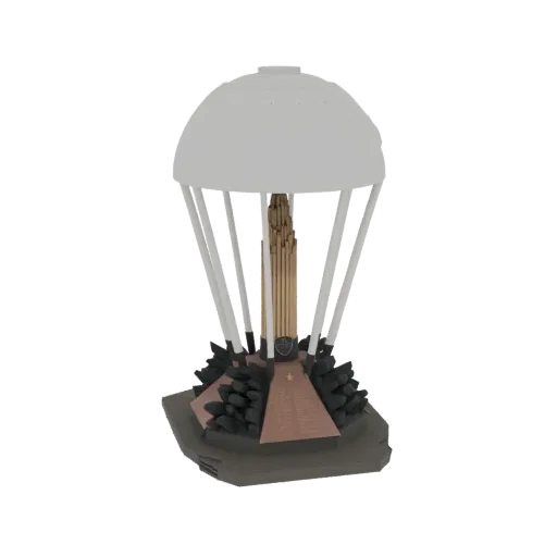 3D model of a parachute monument with a white canopy, golden spire, and rocky base, set against a white background.