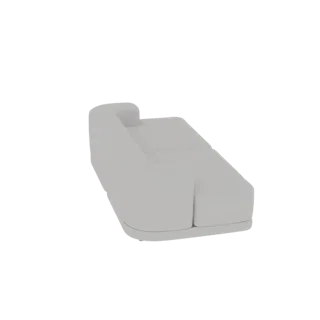 Ein 3D-Modell eines modernen, hellgrauen geschwungenen Ecksofas, von einer Dreiviertelansicht vor weißem Hintergrund.