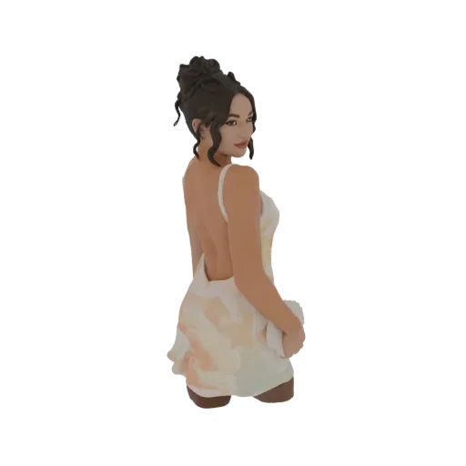 Modello 3D di donna elegante con capelli scuri raccolti, indossa abito svolazzante color pastello con schiena scoperta, guard