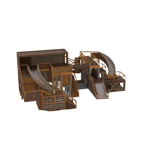 3D model of a modern indoor playground with brown slides, climbing nets, and wooden platforms against a black background.