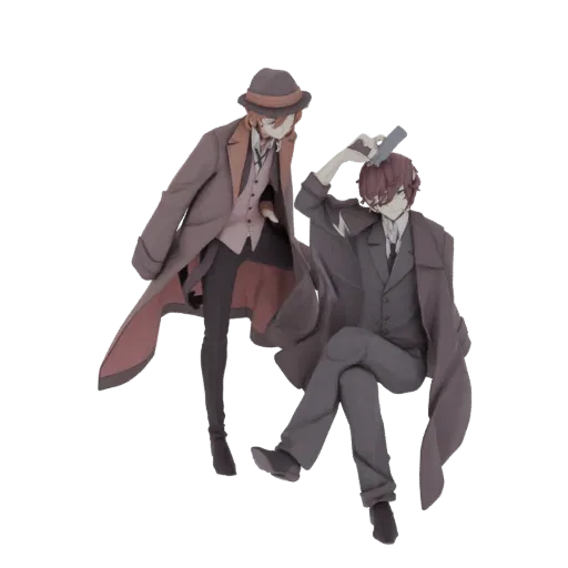 3D model of two anime detectives in trench coats, one standing and one sitting, against a black background.