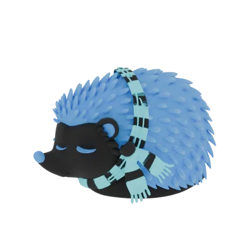 A 3D render of a cute, stylized blue hedgehog with its eyes closed, wearing a black and light blue striped scarf.