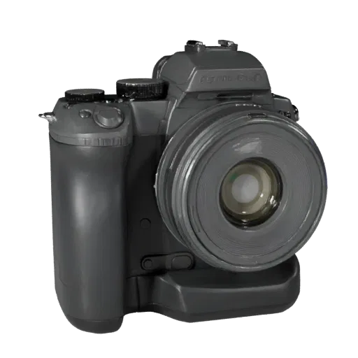 Mirrorless Camera High Poly 3D model, close-up studio render, showing textured grips, lens barrels.