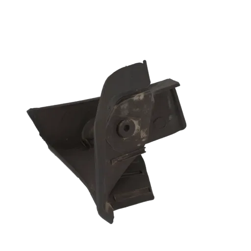 3D model of a dark gray industrial bracket with a visible circular bolt hole and mounting points, presented against a white b