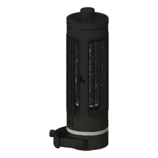 3D model of a black tower fan with a cylindrical body and an integrated base, set against a white background.