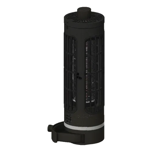 3D model of a black tower fan with a cylindrical body and an integrated base, set against a white background.