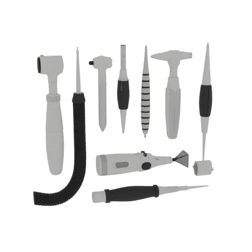 Surgical Style Otoscope Education 3D model, three-quarter training render, showing stainless steel, handheld tool scale.