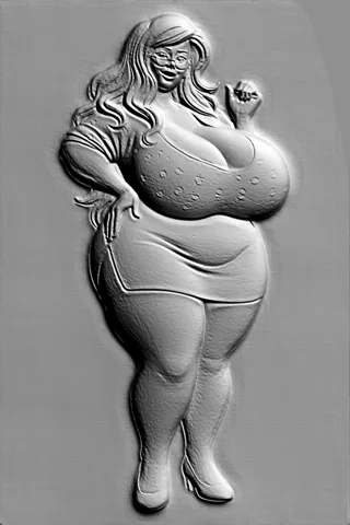 Modelo 3D de baixo-relevo de uma senhora curvilínea de óculos, em corpo inteiro, com as mãos nos quadris e o braço direito le