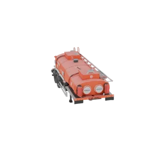 3D model of an orange fuel tanker trailer, viewed from a slightly elevated rear angle, showcasing its cylindrical tank and ch