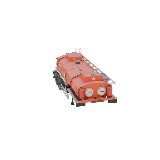 3D model of an orange fuel tanker trailer, viewed from a slightly elevated rear angle, showcasing its cylindrical tank and ch