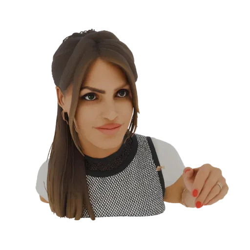 3D model of a woman with long brown hair, wearing a black mesh top over a white shirt, pointing forward with her right index