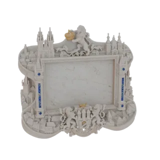 3D model of an ornate photo frame featuring Prague landmarks, lions, and a coat of arms, with a marble-textured photo insert.