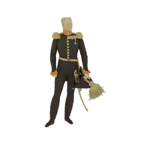 3D model of a 19th-century military officer in a dark uniform, holding a bicorne hat with a yellow plume.