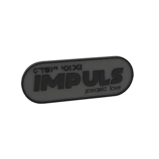 3D-Modell eines ovalen Emblems mit 'IMPULS' in großen erhabenen Buchstaben und stilisiertem Text darüber und darunter.