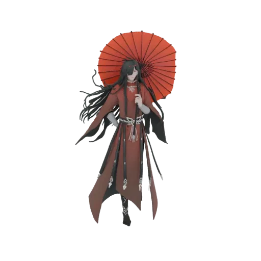 3D model of an anime-inspired male figure with dark hair, wearing a red outfit and holding a red umbrella.