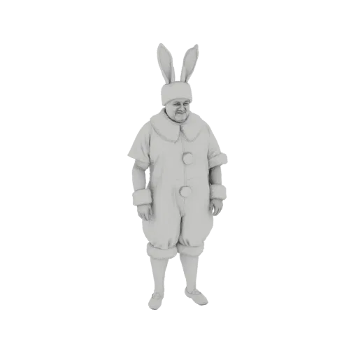 3D model of a character wearing a full bunny suit with large ears and fluffy trim, standing in a neutral pose.