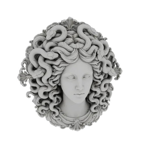 3D model render of a white marble bust of Medusa, featuring her face with snakes for hair.