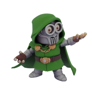 3D-Modell eines Minion-Charakters, verkleidet als Doctor Doom, mit seiner ikonischen Maske und seinem grünen Umhang, die Arme