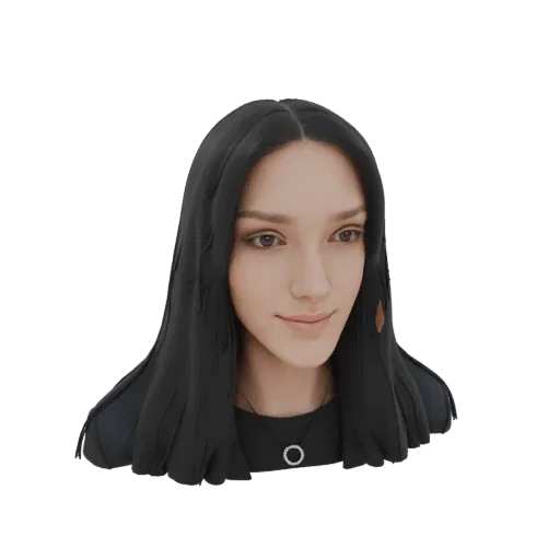 AI-generated 3D model of a young woman with long black hair, looking to the side, wearing a black top and a pendant necklace.
