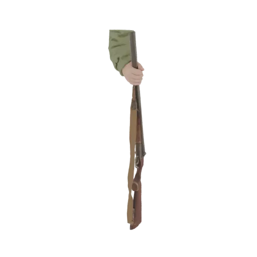 3D model of a hunting rifle with a brown sling, held vertically by a hand in a green jacket.
