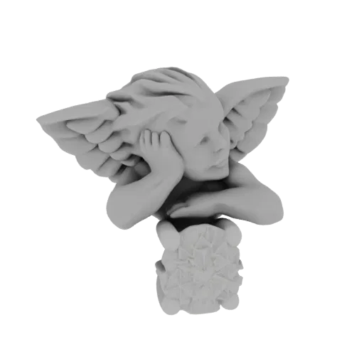 3D model render of a cherub with feathered wings, resting its head on its hands, on an ornate base.