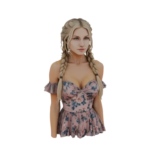 3D model render of a young woman with blonde braids, wearing a pink floral dress, presented as a bust.