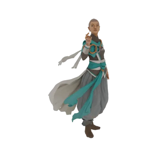 3D model of a Mystic Monk Warrior with shaved head, teal and grey robes, and orange ring accents, in a dynamic pose.