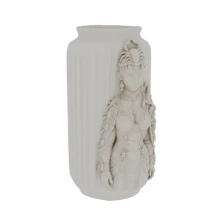 3D model of a white vase featuring a sculpted goddess with scorpion-themed armor and headdress, with a fluted texture on the